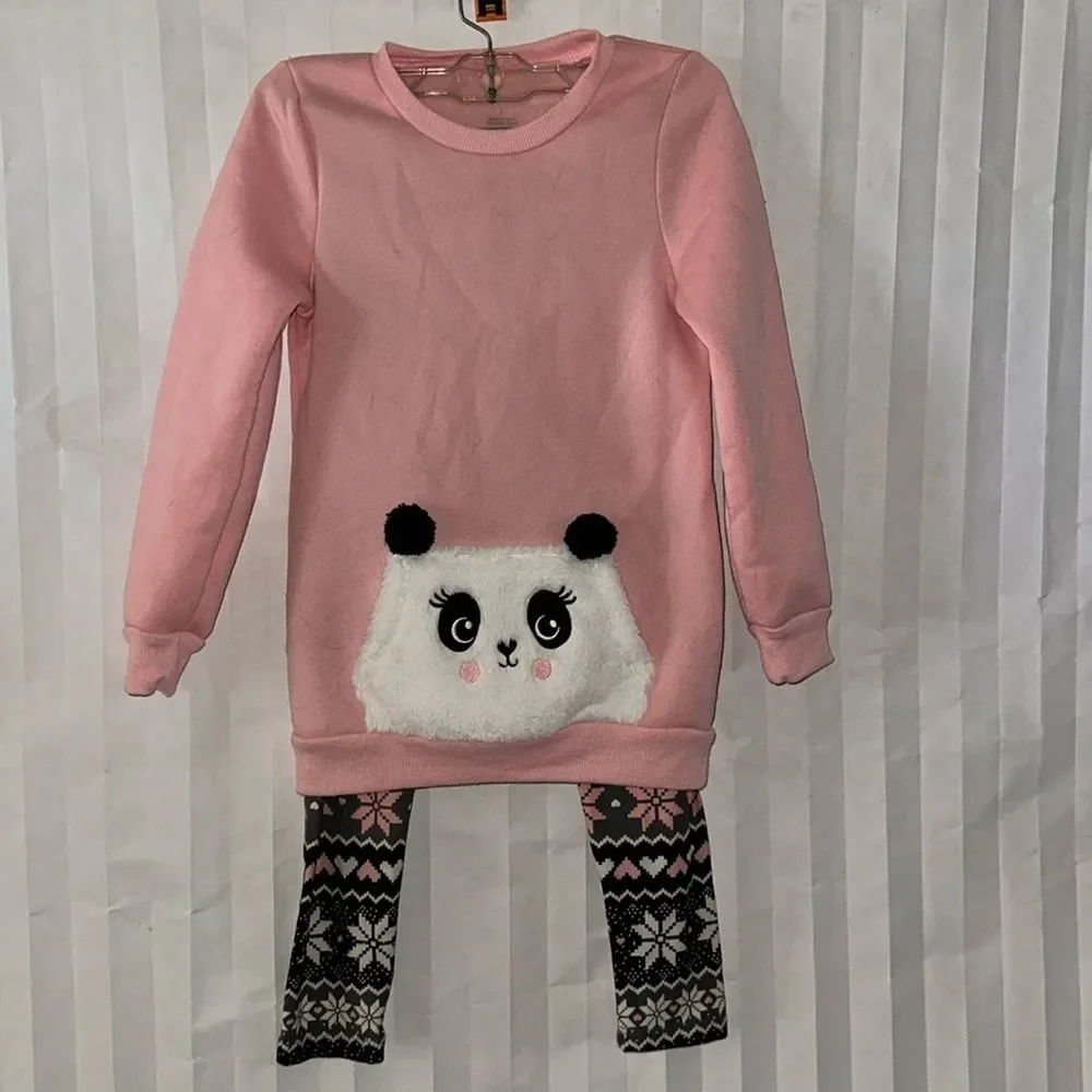 Girls Pink Panda Sweatshirt & Alpine Pattern Leggings Set Size 8 Cute Cozy